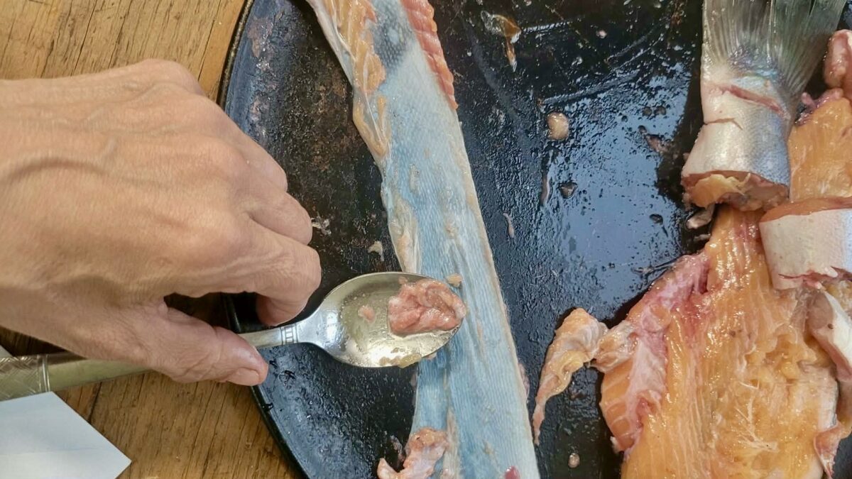 Scraping fish skins for use in traditional arts and crafts.