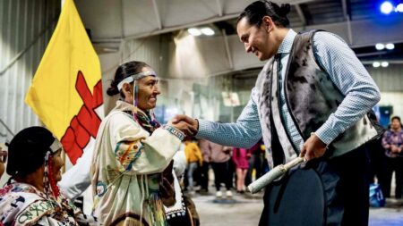 Artist and drum dancer Eva Suluk with Manitoba Premier Wab Kinew during the Manitoba–Nunavut gathering in Arviat, Nunavut, July 7, 2026. Photo: Wab Kinew