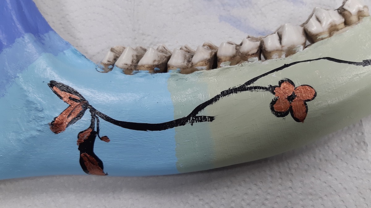 Here's one of the moose jaws Kaya painted during recent art workshops. It was so much fun!