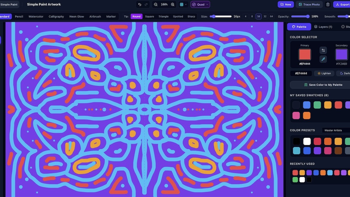 The built-in symmetry engine mirrors strokes in real-time across two, four, or eight axes simultaneously. It turns simple geometric gestures into intricate mandalas, botanical wreaths, and balanced character portraits.