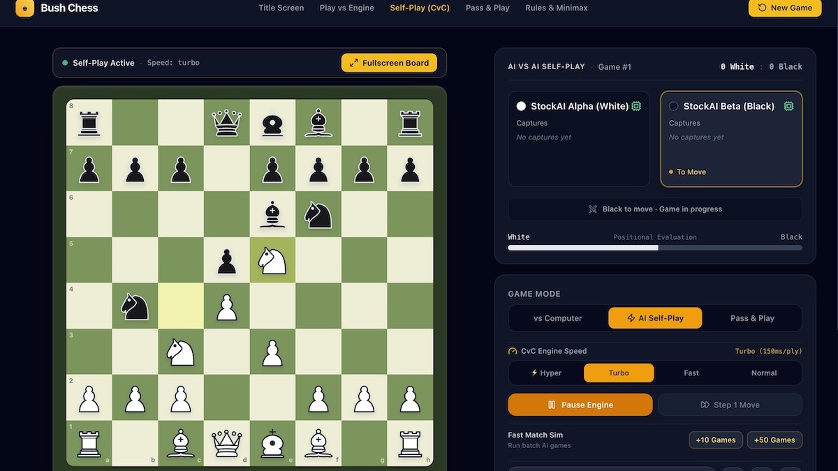 The control tray lets players dial between human play, head-to-head local matches, and accelerated engine-versus-engine simulation. Watching algorithmic decision trees unfold at sub-second speeds turned out to be one of the prototype's most captivating features.