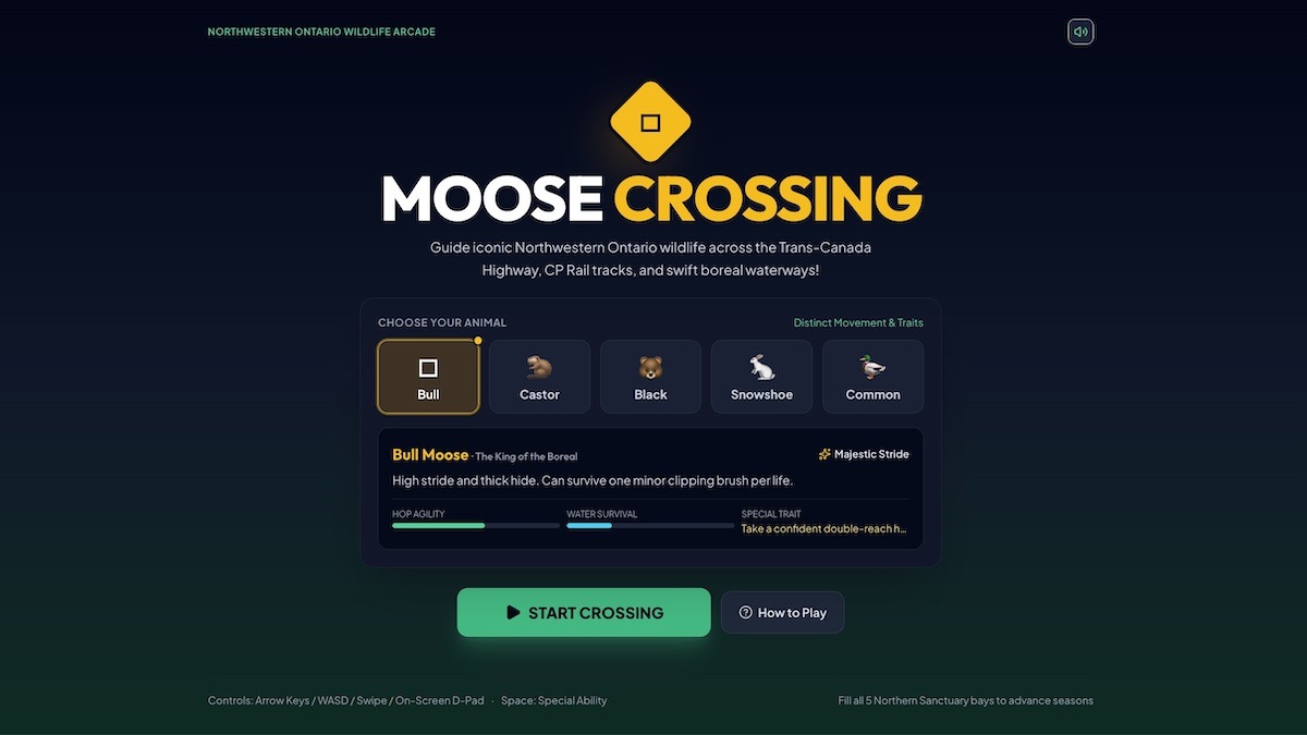 We did this little project entirely for fun. Based on the famous game Frogger that our grandparents used to play, we decided to make our own version, called Moose Crossing!