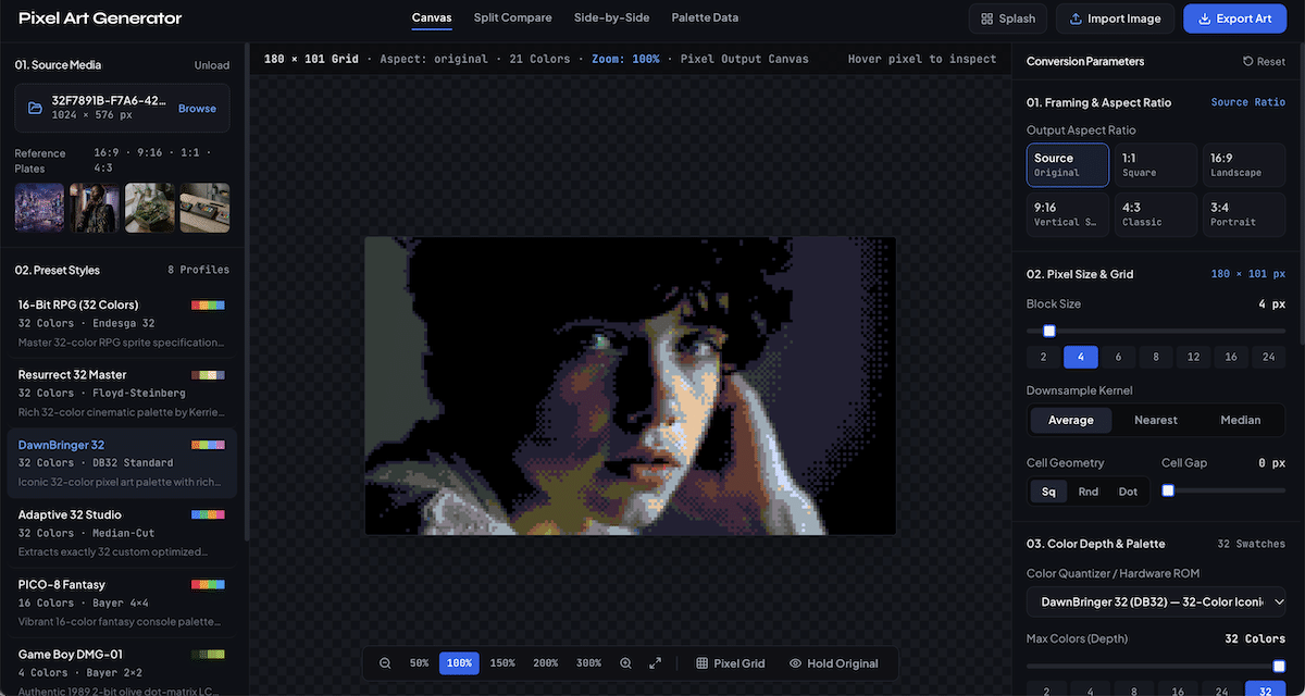 Turn photographs, illustrations and other images into pixel art with our fun Pixel Art Generator. The browser-based pixel art converter gives you control over resolution, colour reduction, palettes, dithering and other visual settings without requiring specialized software.