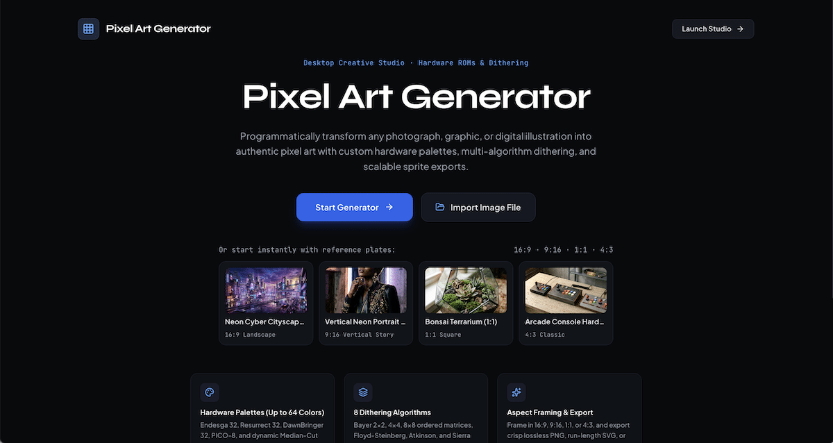 The Pixel Art Generator is a free browser-based tool for turning images into customizable pixel art. Adjust pixel resolution, colour palettes, dithering and visual presets to create everything from crisp retro graphics to highly stylized digital artwork. Right now it's only for desktop browsers, but we'll add a mobile version soon.