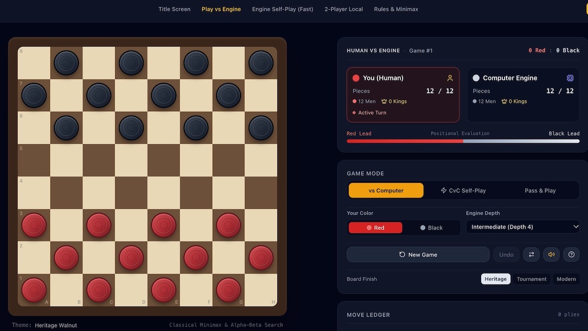 Checkers is a masterclass in tempo and diagonal geometry. Controlling the four center squares while guarding your own back rank creates an invisible wall that slowly starves the other side of legal moves.