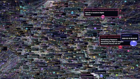 A snapshot of our digital archive in motion, bringing together years of articles, projects, research, and creative work in a single interactive environment. Each node represents a record, while the connecting lines reveal relationships across topics, activities, and time.